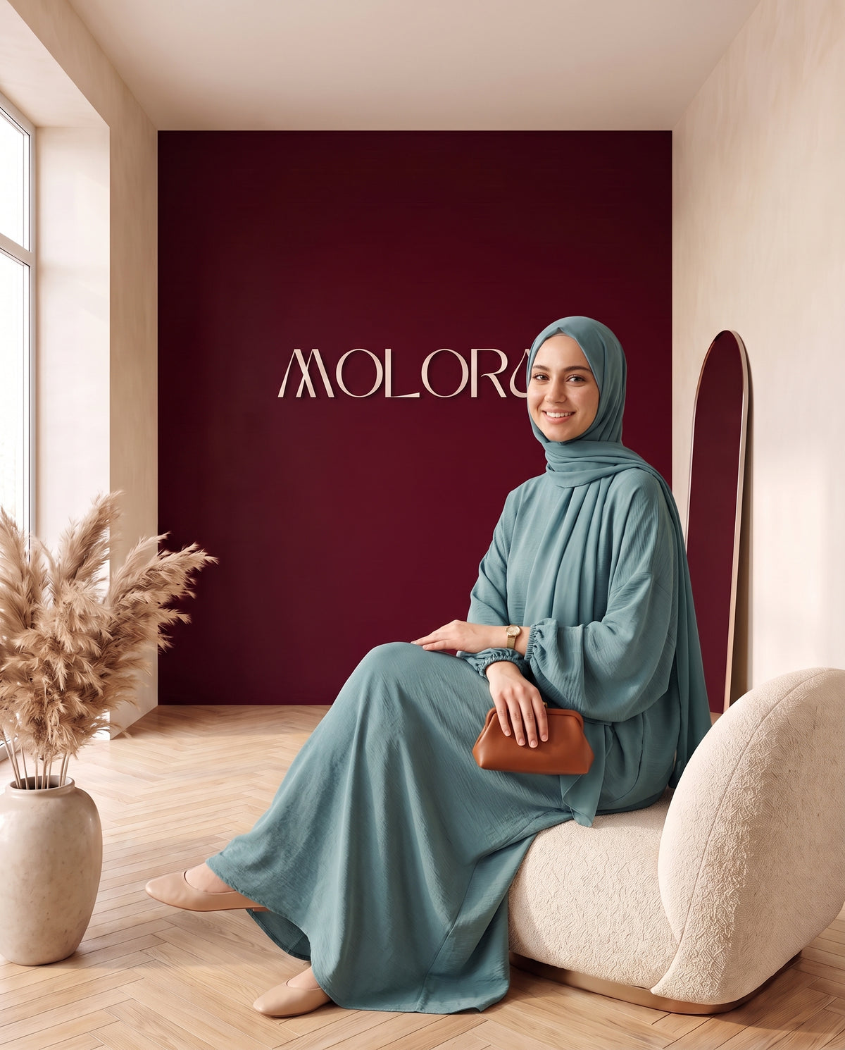 Crinkle-Abaya mit Schal Petrol – sitzend