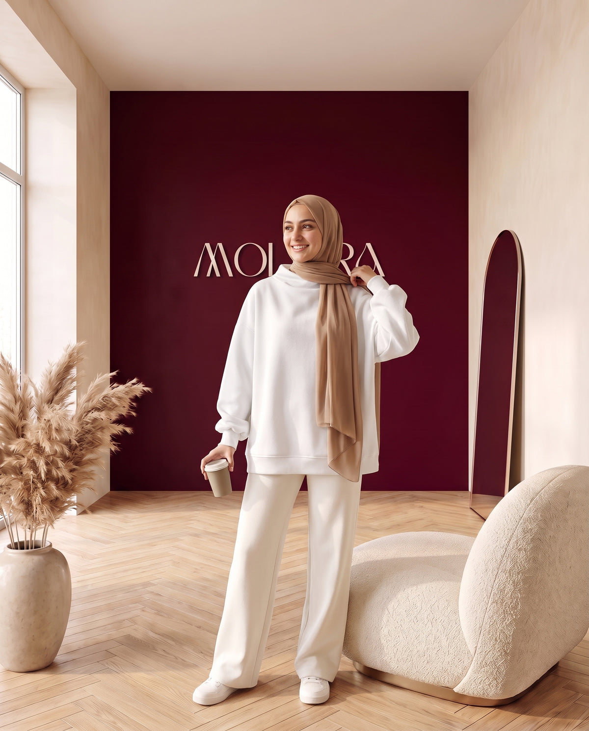 Oversize-Sweater mit Stehkragen Weiß – Dreiviertelansicht