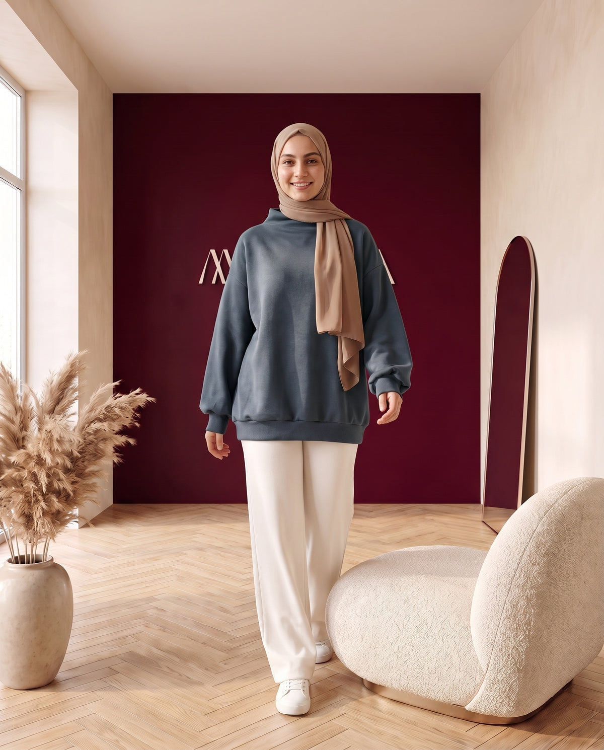 Oversize-Sweater mit Stehkragen Blaugrau – In Bewegung