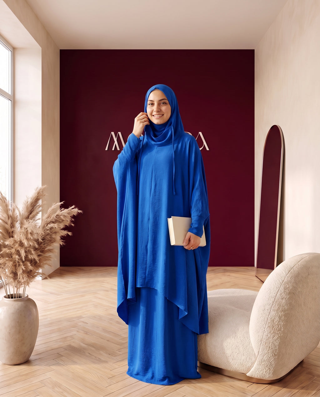 Abayah Zweiteiler in Royalblau - Dreiviertelansicht