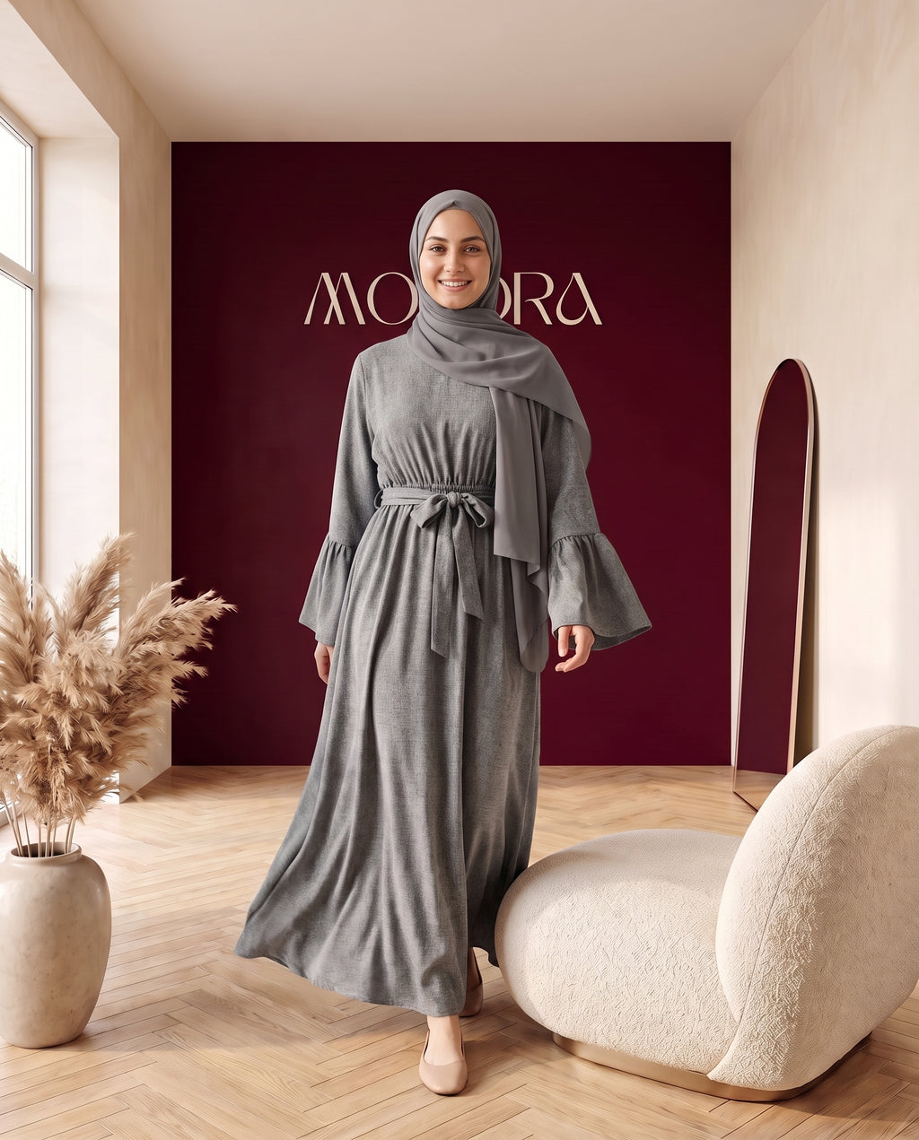 Abaya mit Gürtel und Volantärmeln Dunkelgrau – In Bewegung