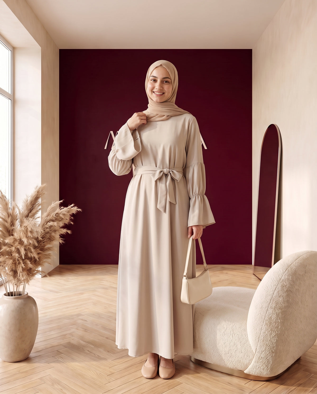 Abaya mit Gürtel und Volantärmeln Hellbeige – Dreiviertelansicht