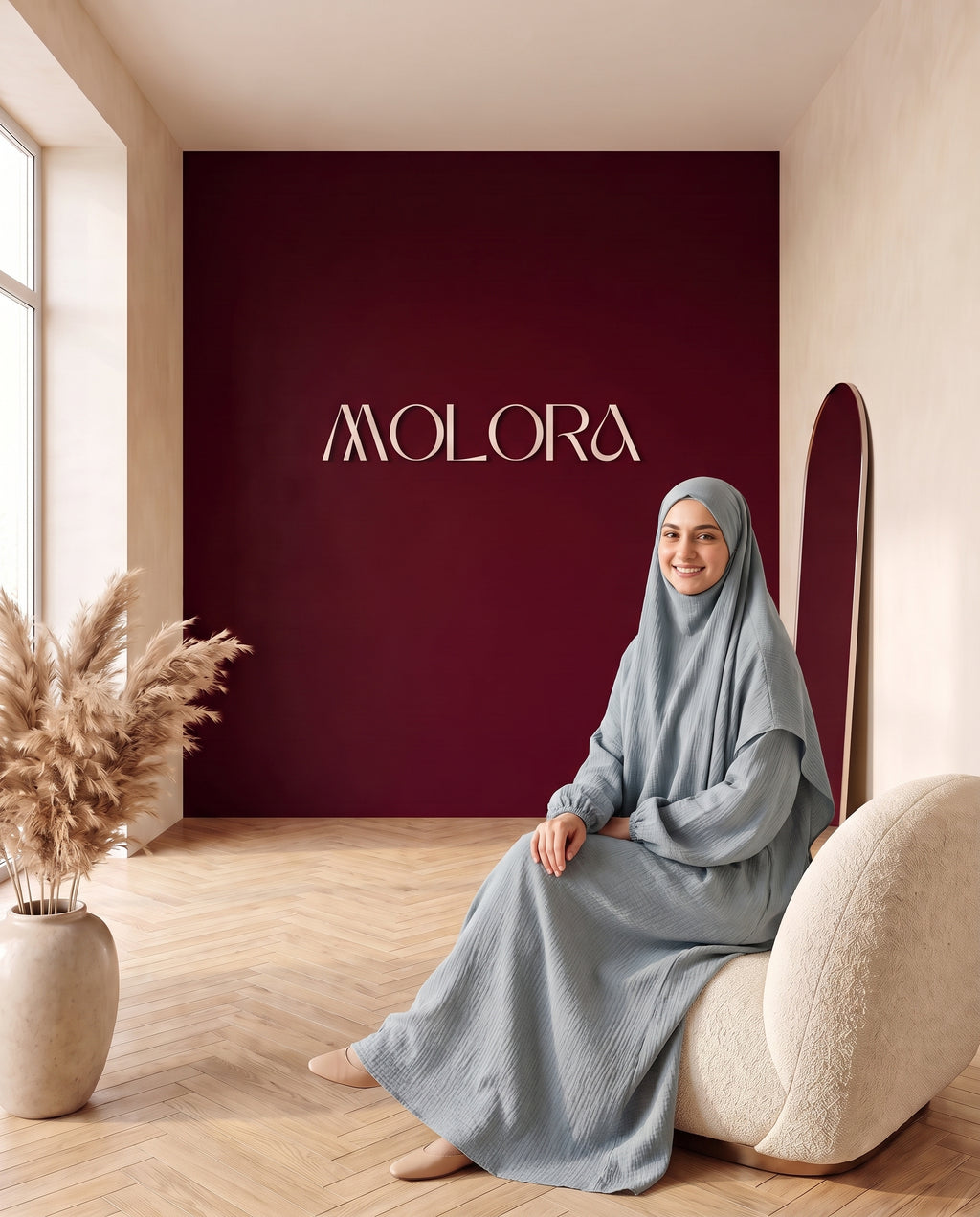 Musselin-Abaya mit Khimar Blaugrau – Sitzend