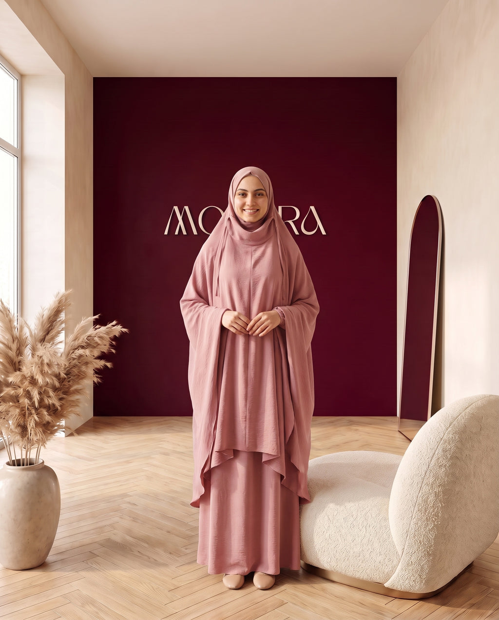 Abayah Zweiteiler in Rosé - Khimar und Rock von vorne