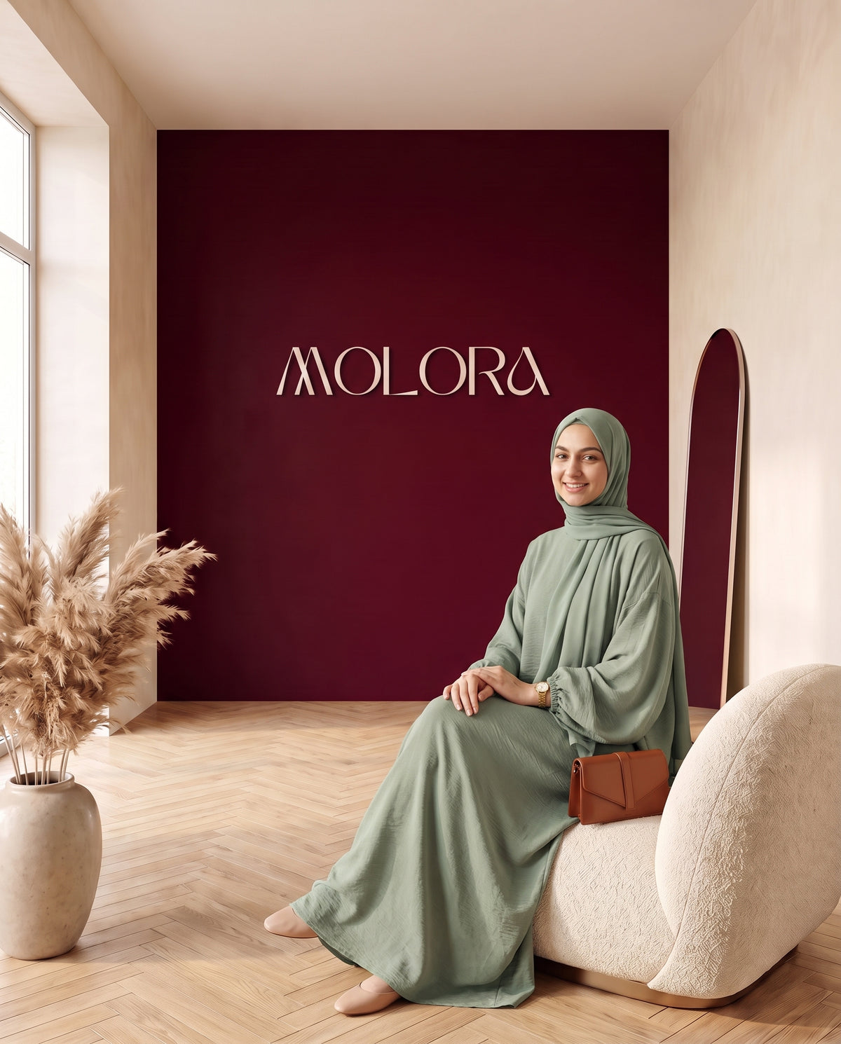 Crinkle-Abaya mit Schal Salbeigrün – sitzend