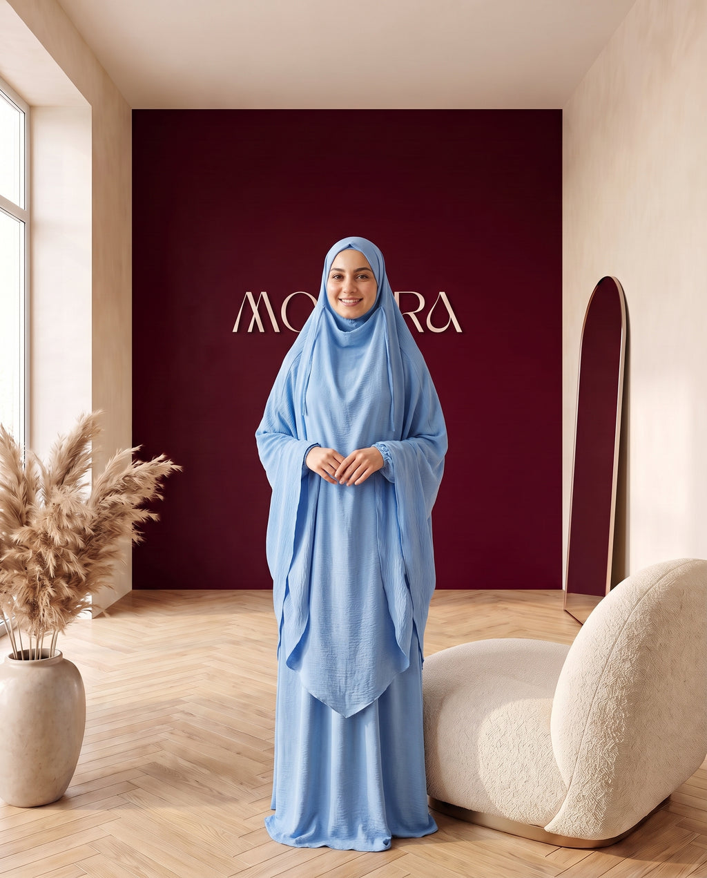 Abayah Zweiteiler in Himmelblau - Khimar und Rock von vorne