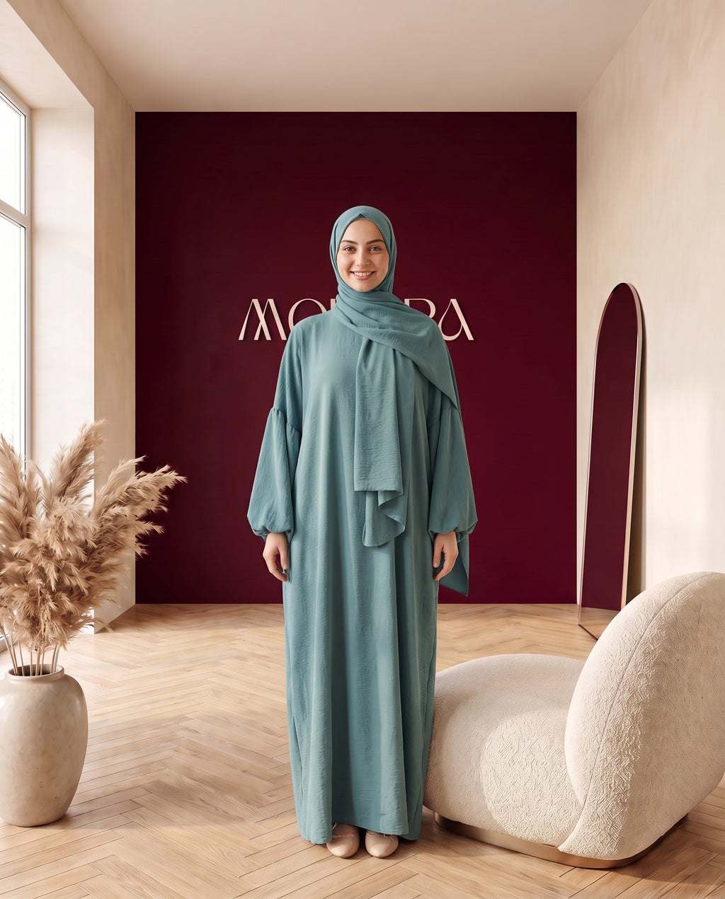 Crinkle-Abaya mit Schal Petrol – Vorderansicht