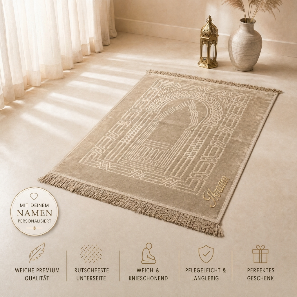 Personalisierter Gebetsteppich mit Namen Beige – Molora Geschenk Eid