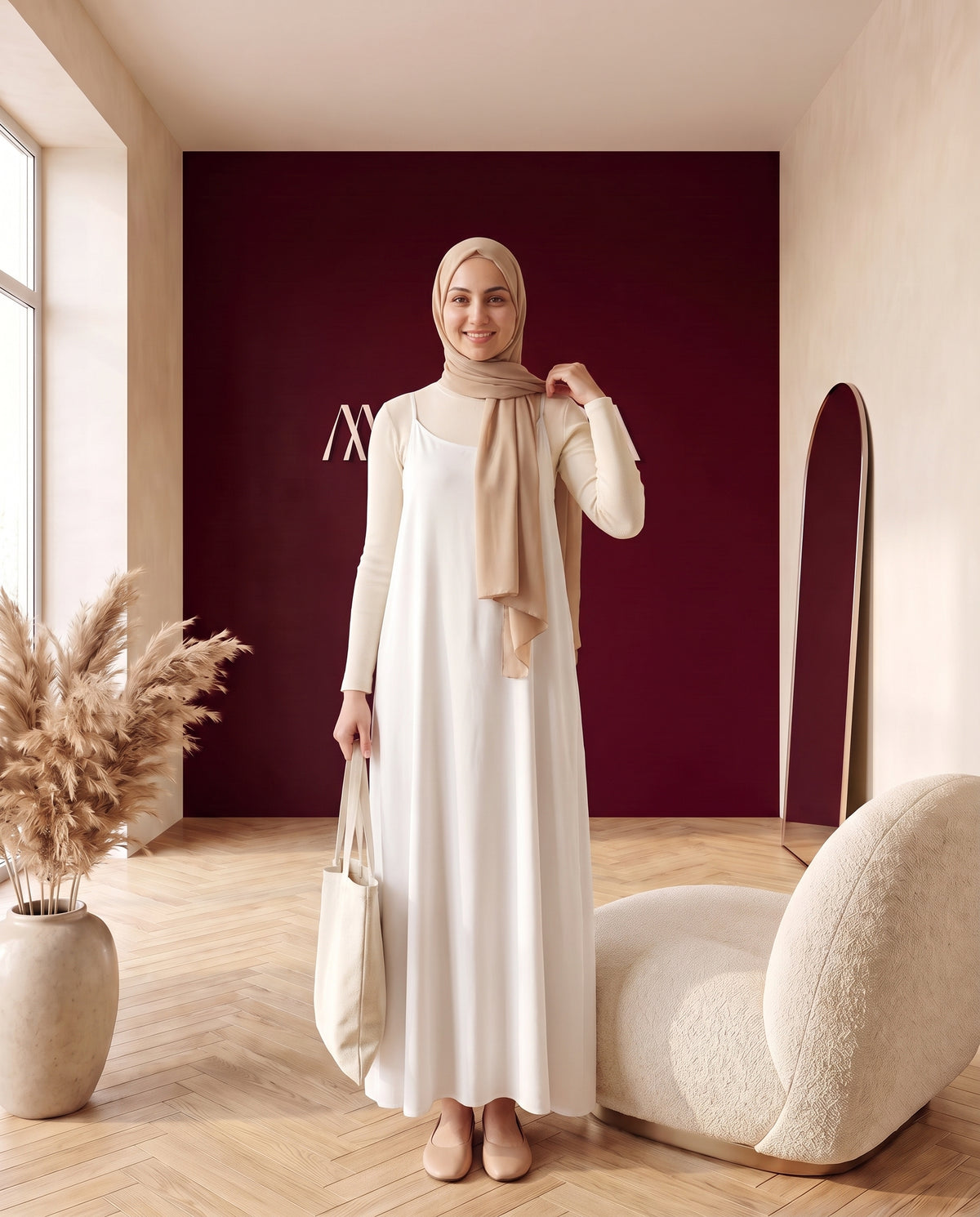 Ärmelloses Unterkleid Weiß – Dreiviertelansicht