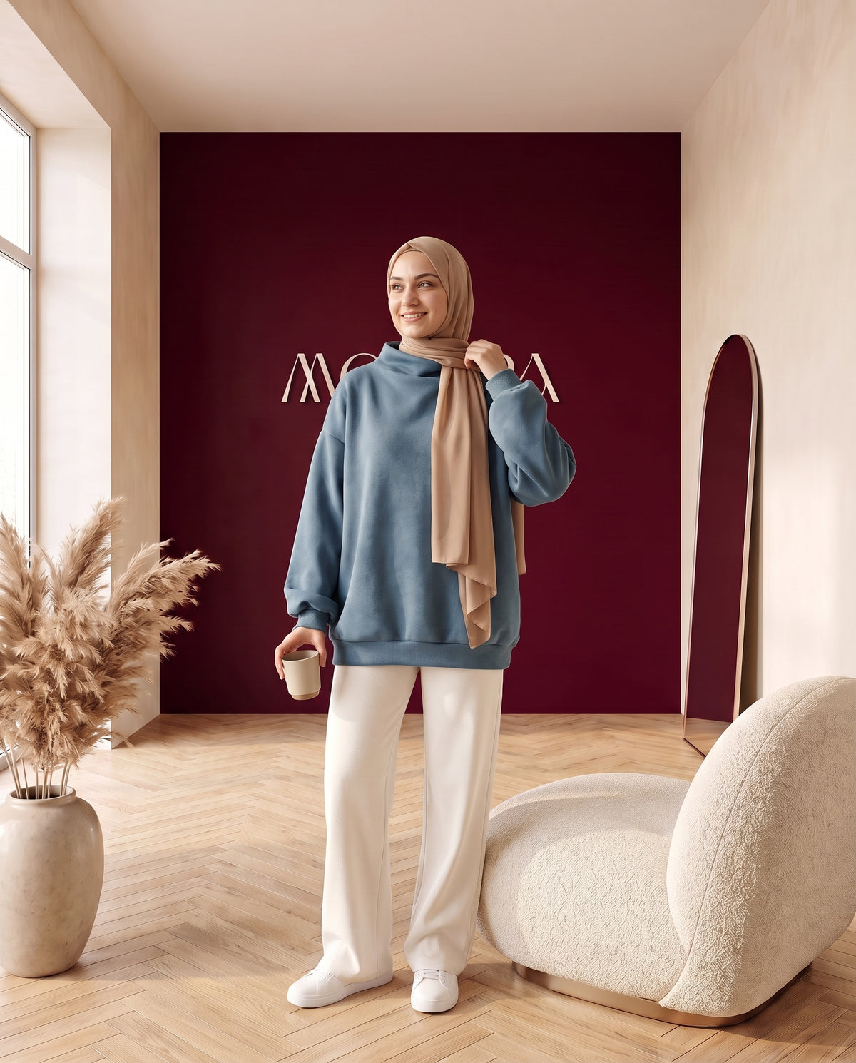 Oversize-Sweater mit Stehkragen Blaugrau – Dreiviertelansicht