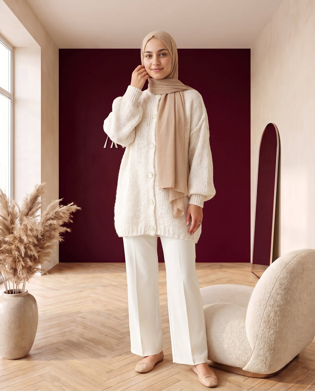 Oversize Strickcardigan Creme – Dreiviertelansicht