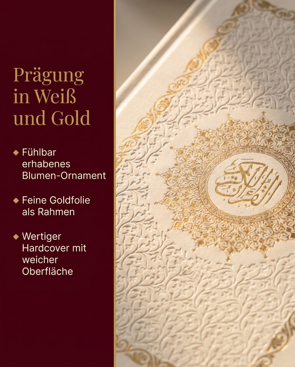 Detail des weissen Koran-Einbands mit goldener Ornamentpraegung