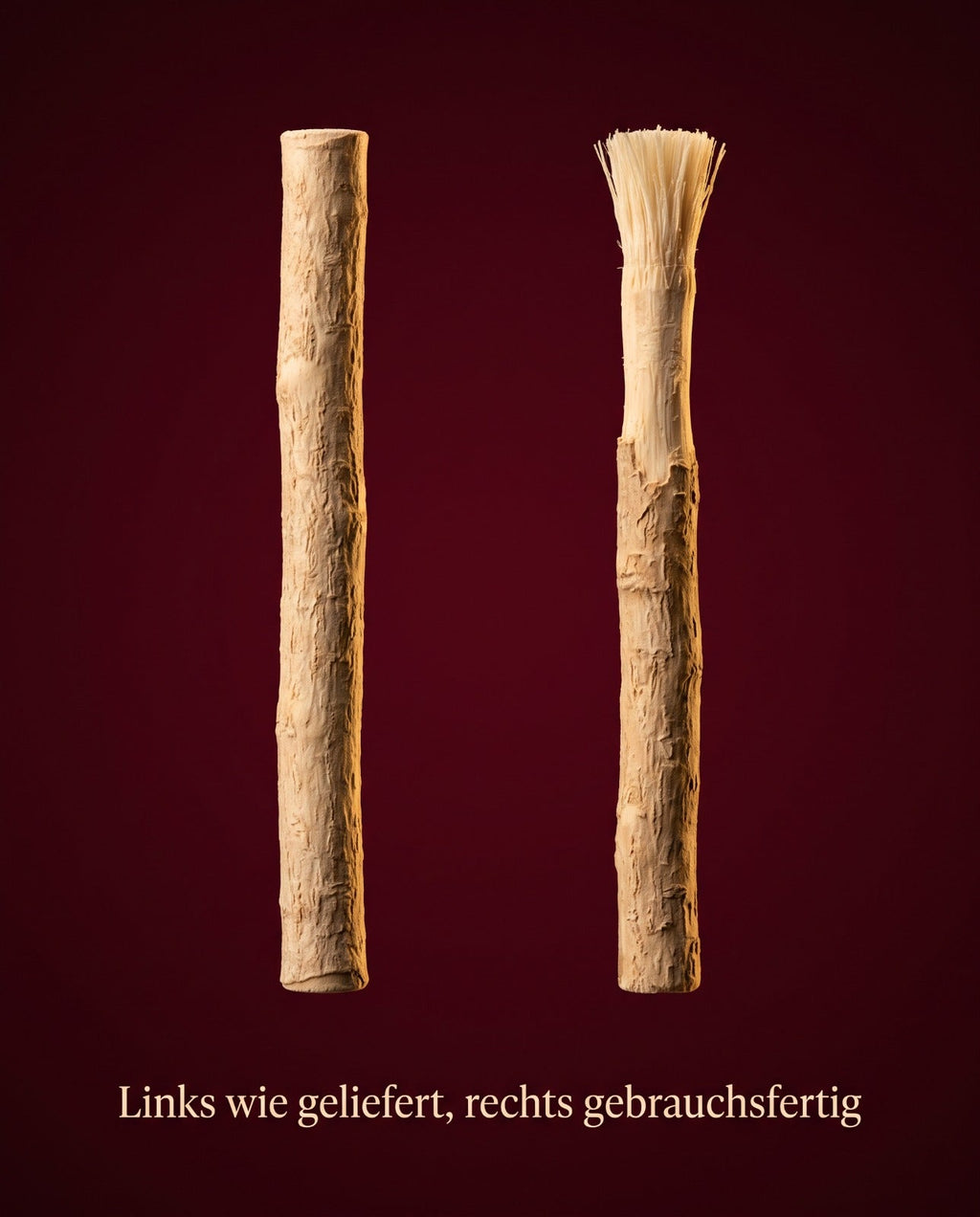 Miswak links wie geliefert, rechts gebrauchsfertig aufgefasert
