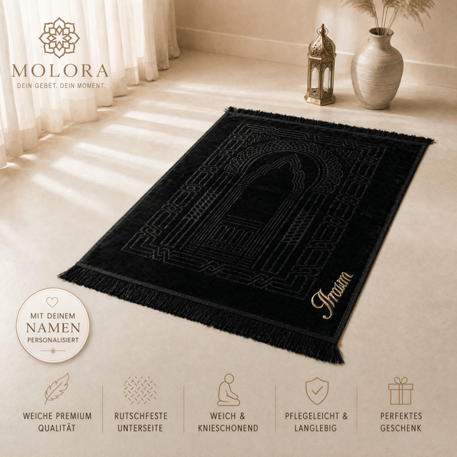 Example of the name embroidery on a Molora prayer rug